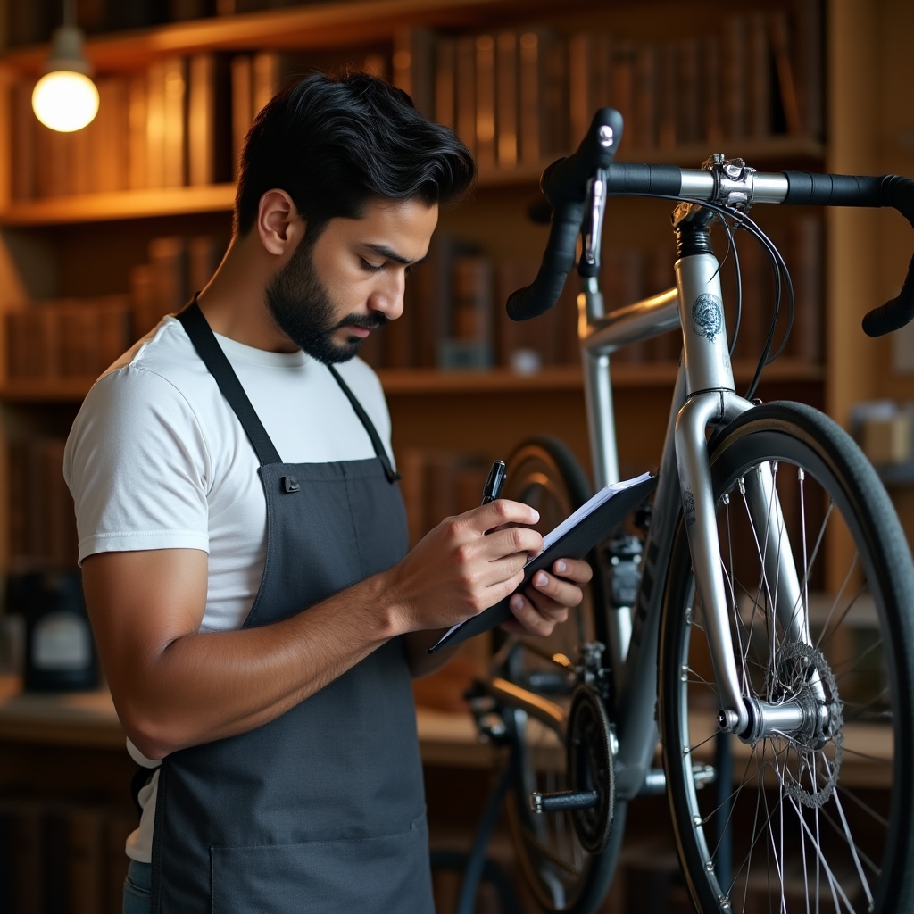 Rowerzysta analizuje stan roweru przed przeglądem technicznym